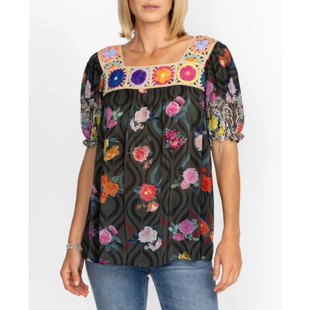 Johnny Was Rose Lace Tristan M Floral Crochet Tunic Top Cupra Rayon Boho Blouse